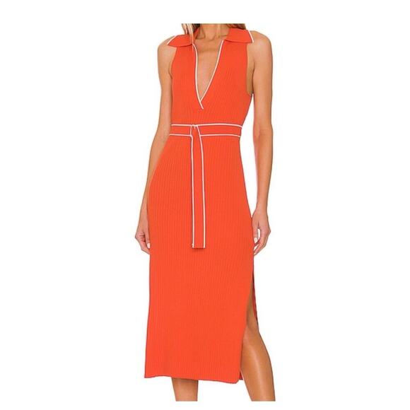 Nicholas Giuliana Ribbed Knit Midi Belted Sweater Dress Large Orange Stretchy - Picture 2 of 16